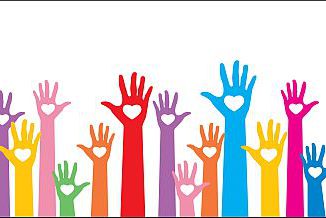 Warm colorful caring up hands hearts vector design element.