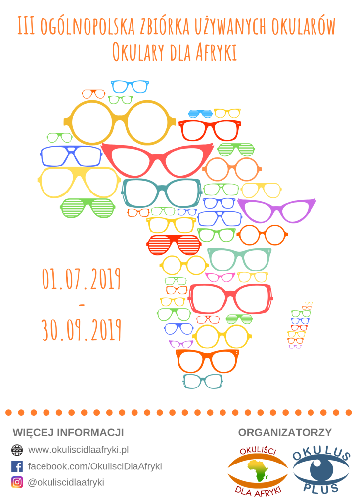 Plakat akcji Okulary dla Afryki informujący o zbiórce używanych okularów w całej Polsce. Na plakacie kształt afryki ułożony jest o różnokolorowych okularów