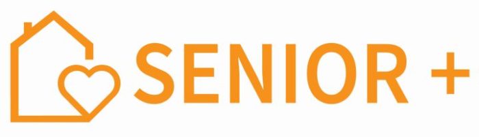 Logo Dziennego Domu "Senior+. POmarańczowy napis Senior+. Przed napisem grafika: domek z sercem