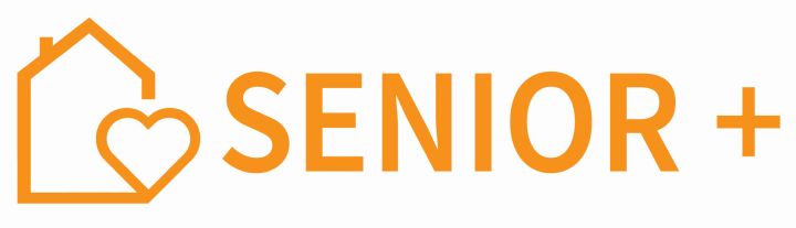 Logo Senior+. Po lewej stronie pomarańczowy domek z wpisanym sercem, po prawej napis Senior +