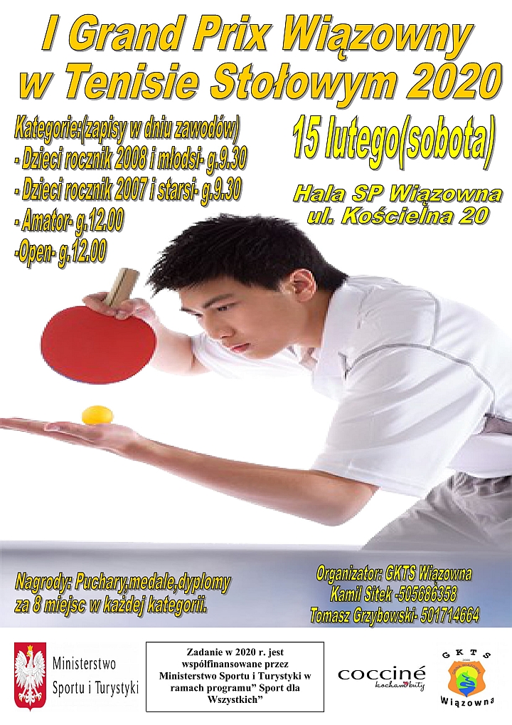 Plakat turnieju tenisa stołowego, który odbędzie się 15 lutego w Szkole w Wiązownie