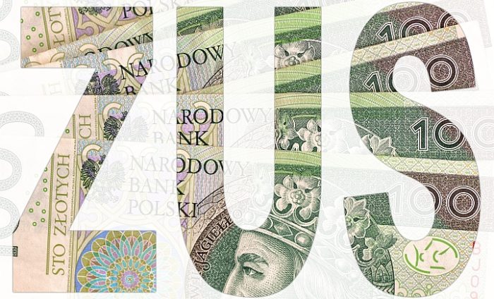 Napis ZUS. POd spodem zdjęcie 100 złotowych banknotów
