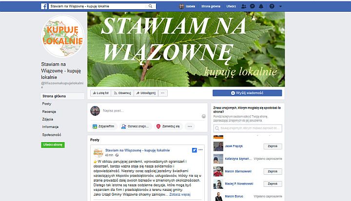 Sreen nowego profilmu gminy Stawiam na Wiązownę - kupuję lokalnie