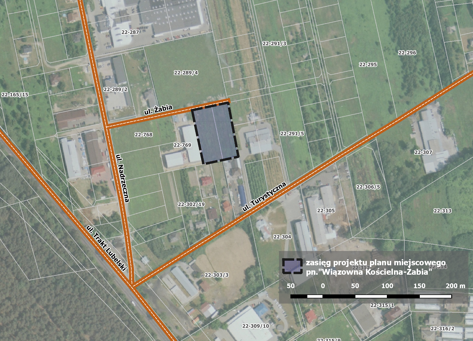 Mapa z zakresem nowego miejscowego planu zagospodarowania przestrzennego dla obszaru Żabia
