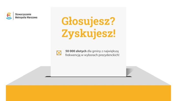 Infografika akcji Metropolii Warszawa "Głosujesz? Zyskujesz!", podczas której gmina z najwyższą frekwencją może wygrać 50 tys. zł