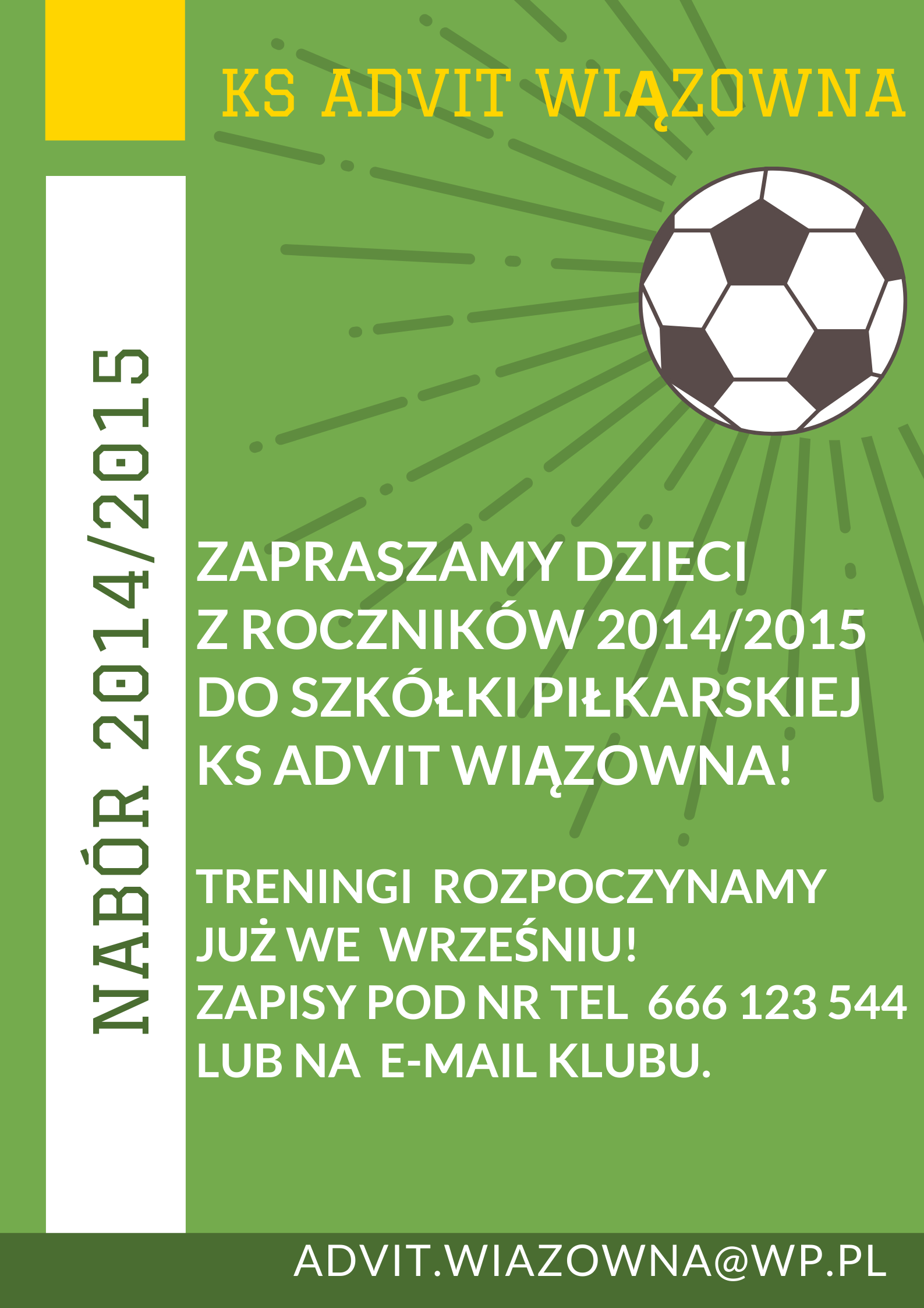 Plakat Klubu Sportowego Advit informujący o naborze do drużyn piłki nożnej