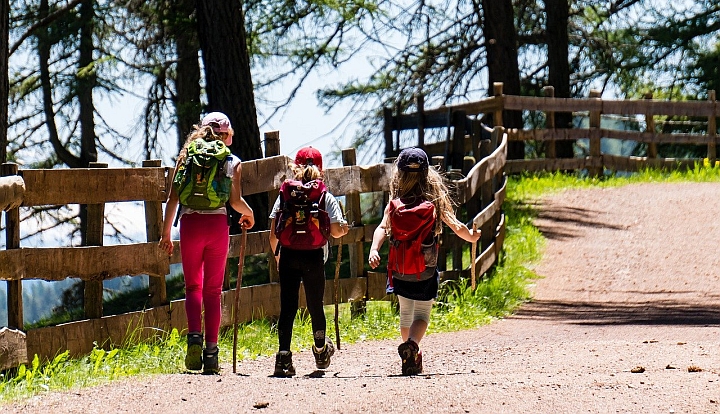 Trzy dziewczynki z plecakami wędrują górską drogą