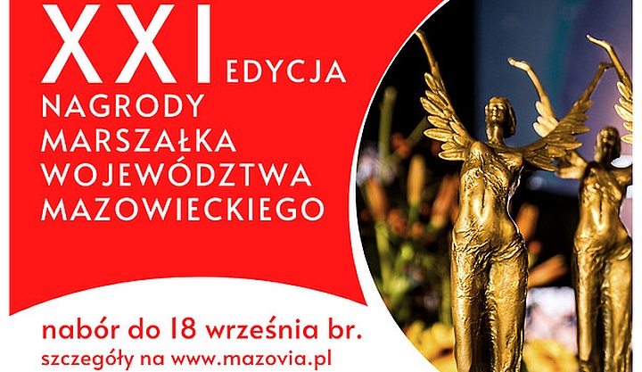 Plakat 11 edycji Nagrody Marszałka Województwa Mazowieckiego. Po lewej napis, po prawej złota statuetka
