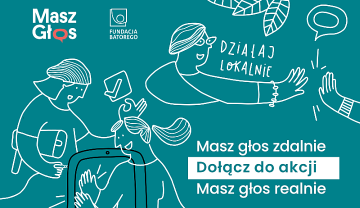 Napis Masz głos zdalnie. Doącz do akcji. Zielonkawe tło, na nim białe postaci