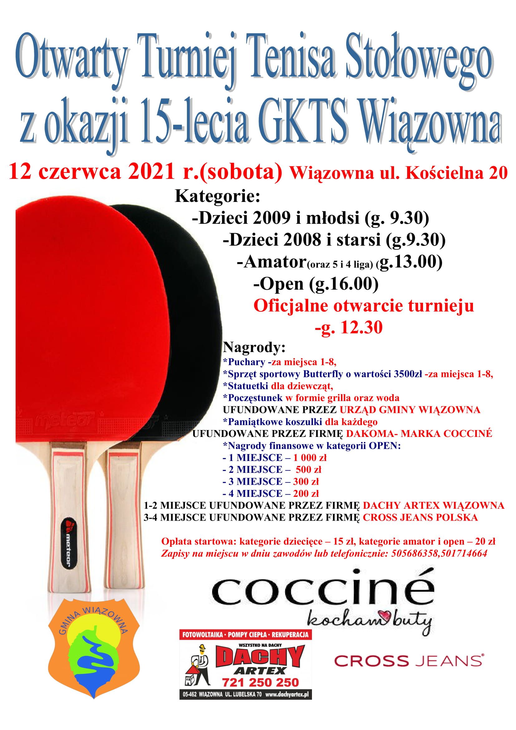 Plakat zapraszający na Otwarty Turniej Tenisa Stołowego 12 czerwca w Szkole Podstawowej w Wiązownie