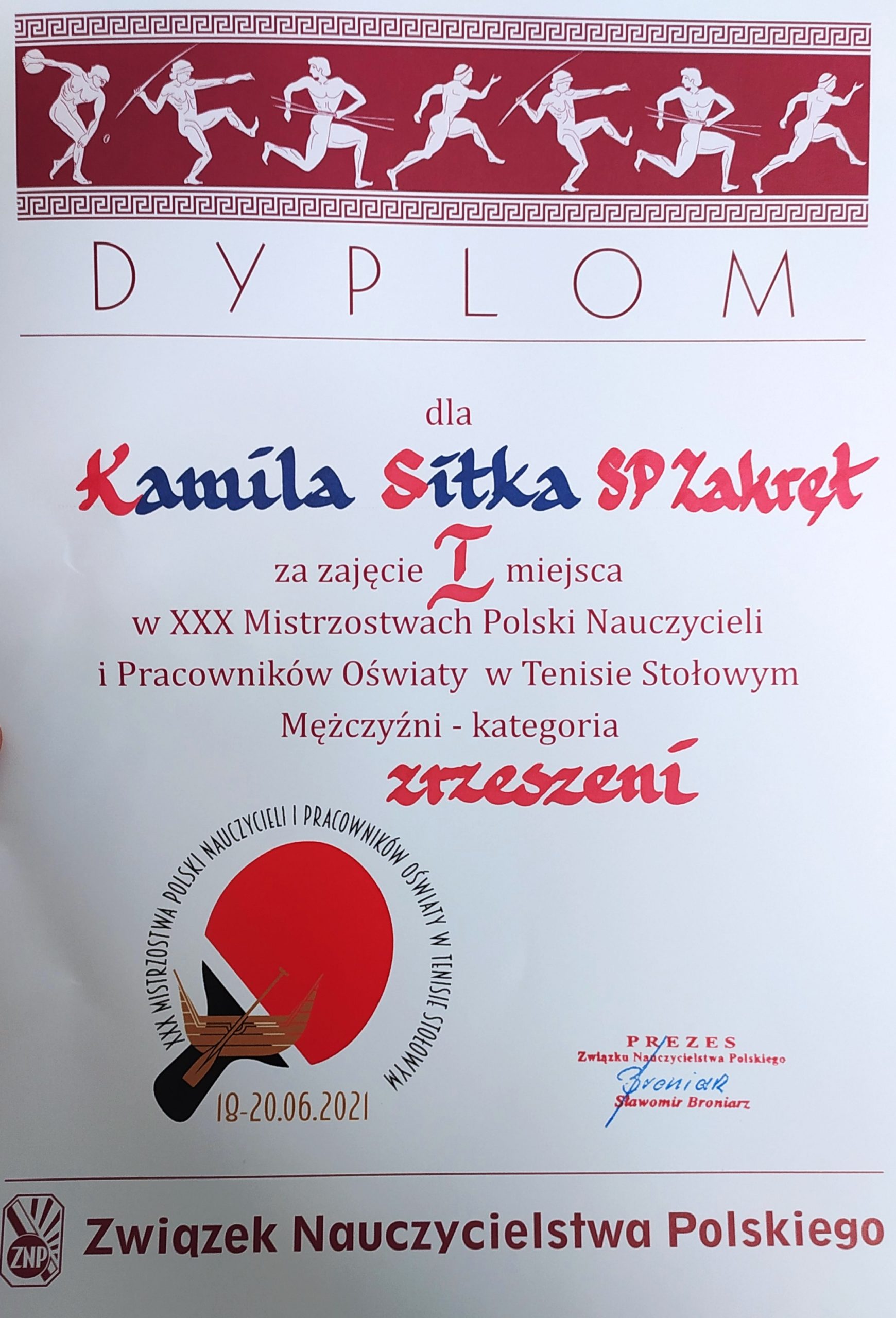 Dyplom dla trenera Kamila Sitka za zdobycie I miejsca w Mistrzostwach Polski w tenisie stołowym