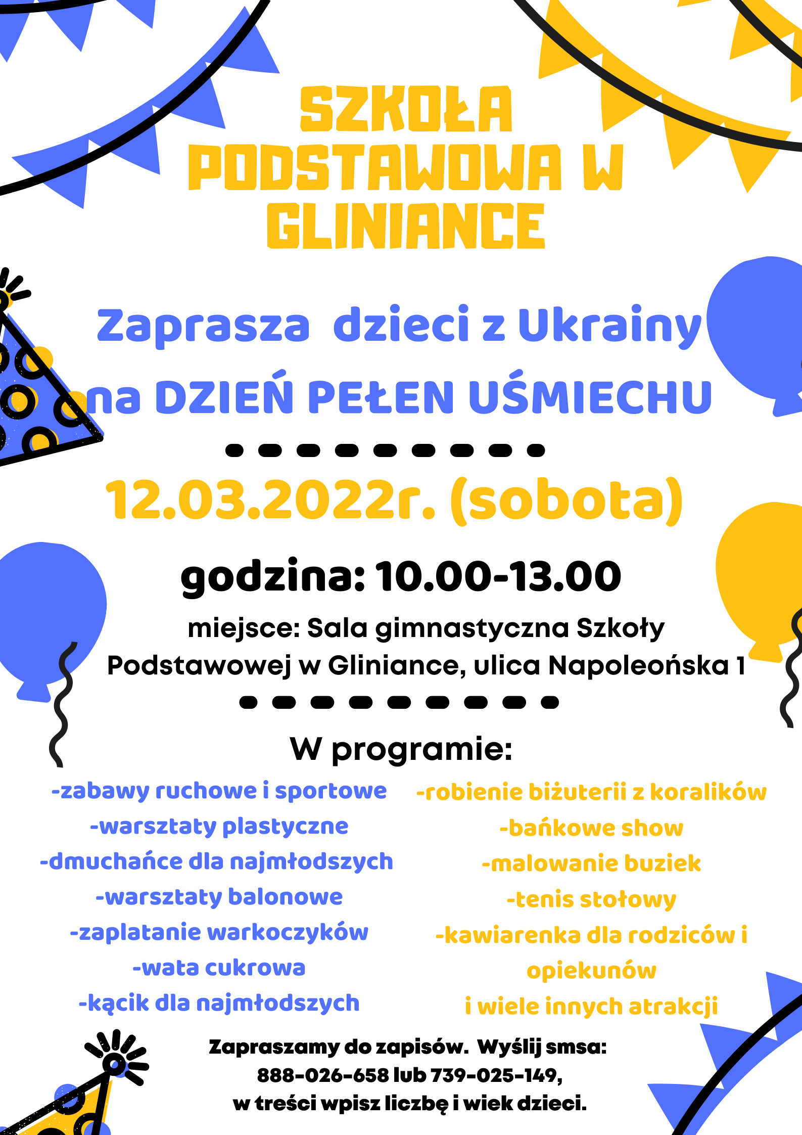 Szkoła Podstawowa w Gliniance. Plakat animacje dla dzieci z Ukrainy 12 marca