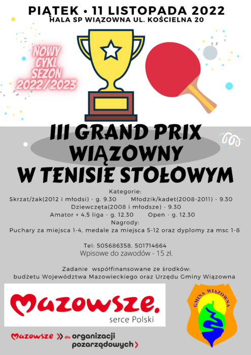 III grand prix wiązowny w tenisie stołowym w Wiązownie 12 listopada