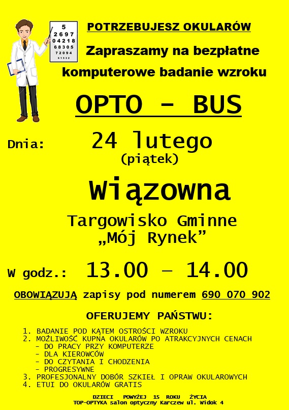 Badanie wzroku w Opto-Busie 24 lutego na Targowisku Mój rynek w Wiązownie w godz. 13.00 - 14.00.