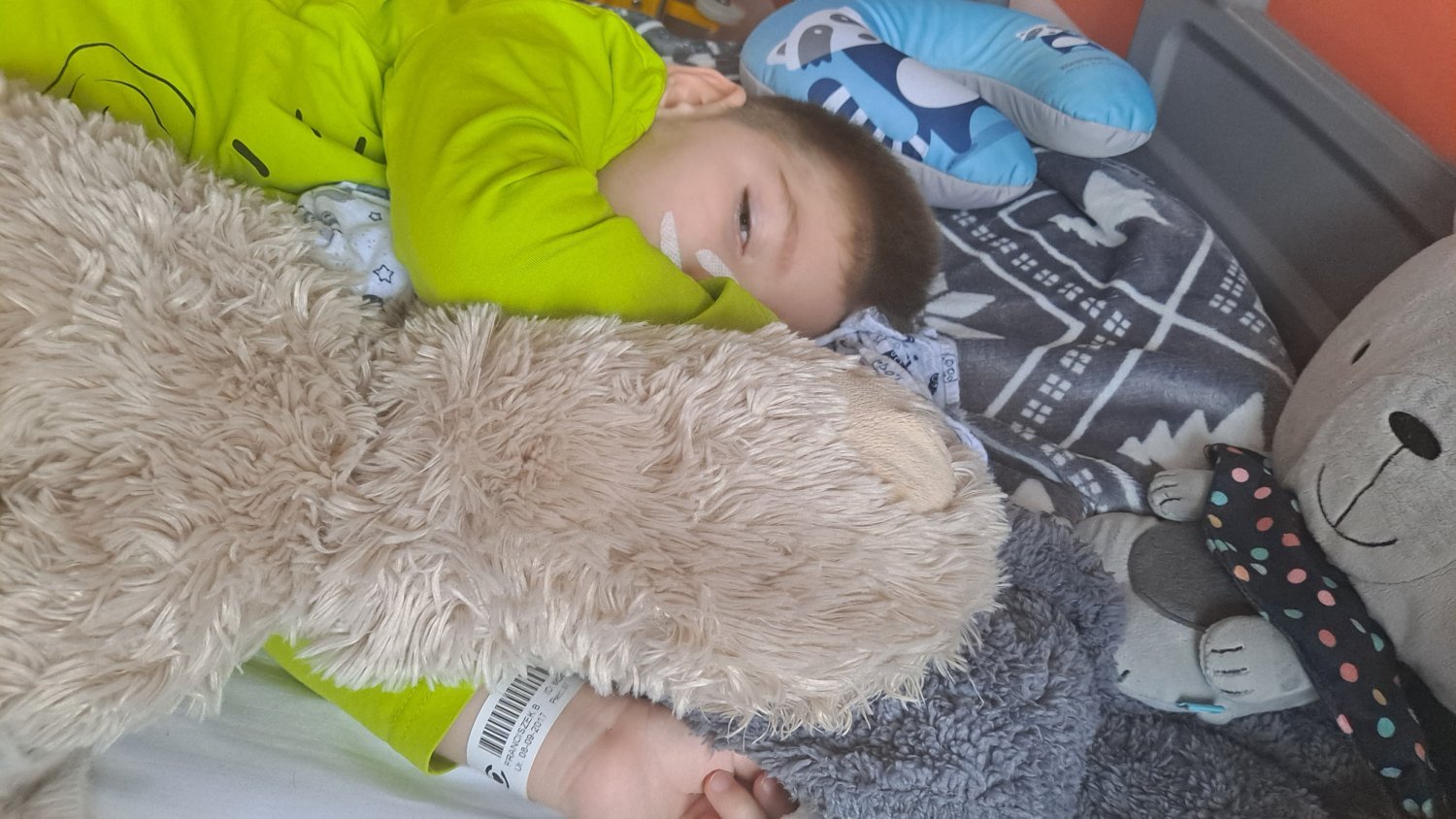 Chłopiec w zielonej bluzie leży na łóżko koło pluszowego zwierzaka.