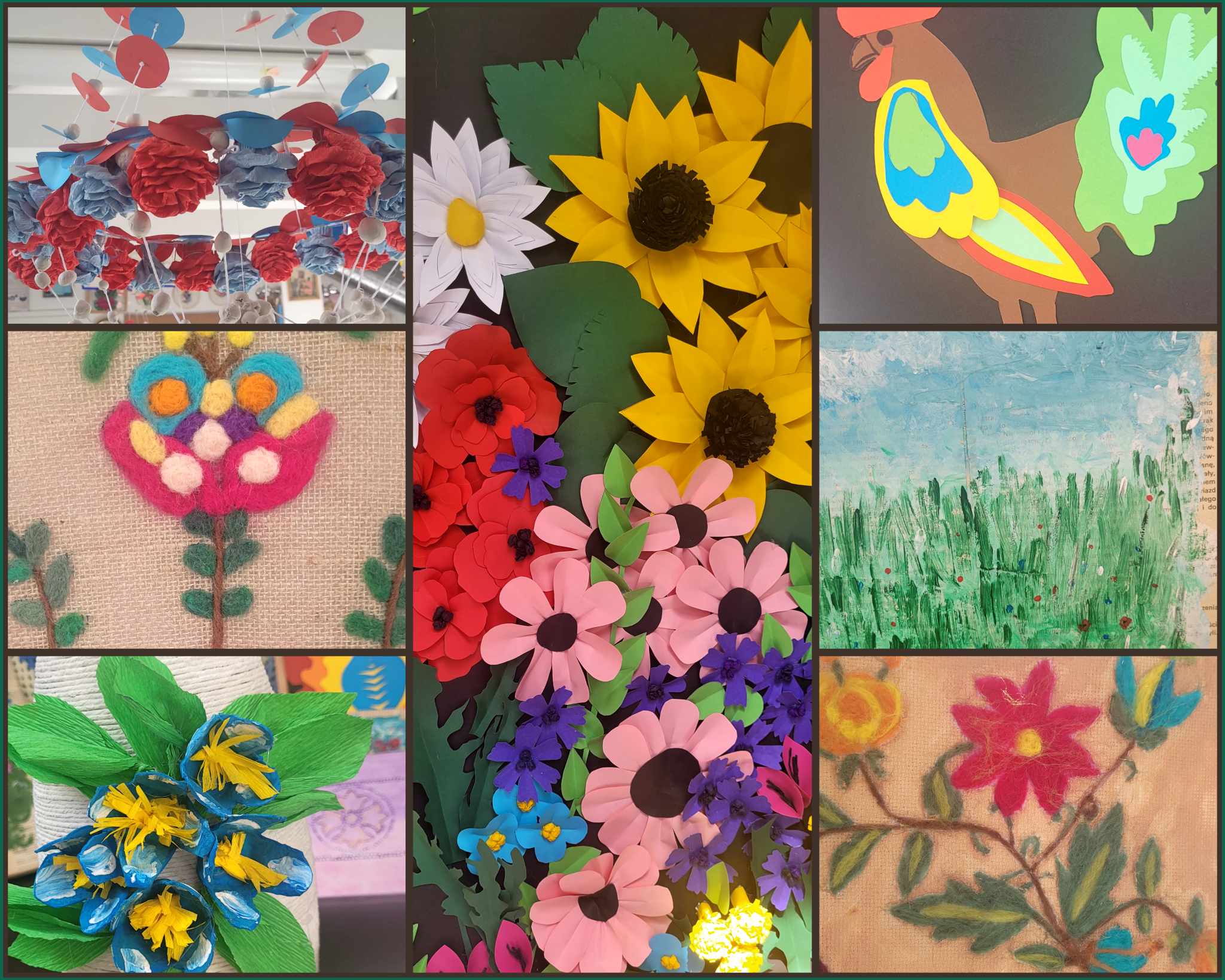 Prace rękodzielnicze inspirowane sztuką ludową: kwiaty z filcu i bibuły, papierowe pająki, sielskie obrazki.